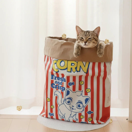 Cuccia e Area Gioco per Gatti in Cartone a Forma di Sacchetto Popcorn